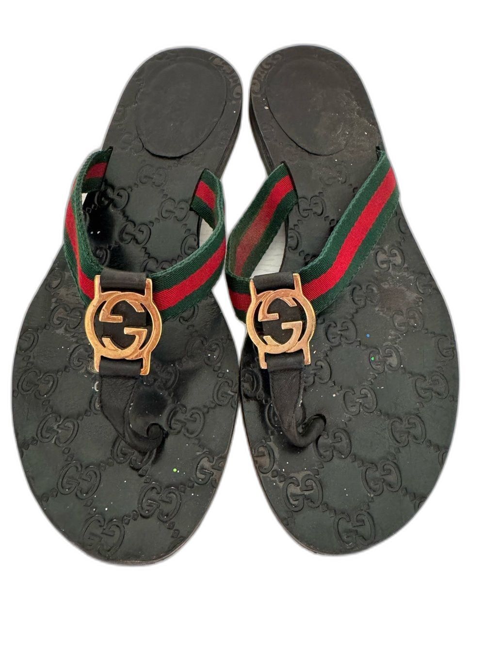 Gucci Interlocking GG Logo Thong Sandal EU 39 Black Leather Flat Shoes Authentic